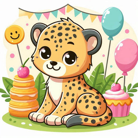 Illustration of a Cheetah Sitting Next to a Cake with Balloonsのイラスト素材