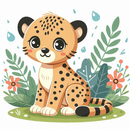 Cute baby cheetah sitting on the grass. Vector illustration.のイラスト素材