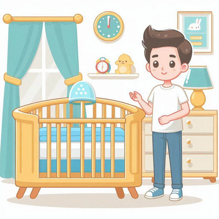 A boy in a room with a crib and toys. Vector illustrationのイラスト素材