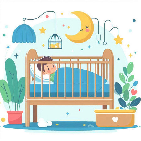 Cute boy sleeping in the crib. Vector illustration in cartoon styleのイラスト素材