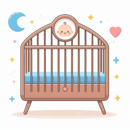 Cute cartoon baby boy sleeping in a crib. Vector illustration.のイラスト素材