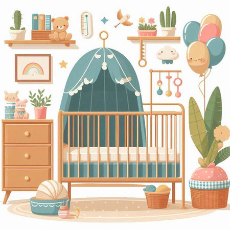 Cute baby room interior with cot and toys. Vector illustrationのイラスト素材
