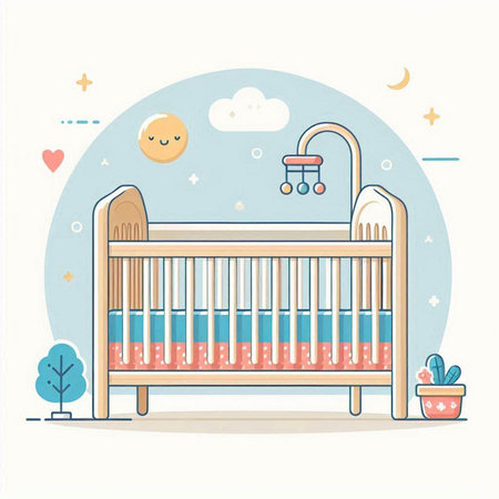 Cute vector illustration of a baby crib in a flat design.のイラスト素材