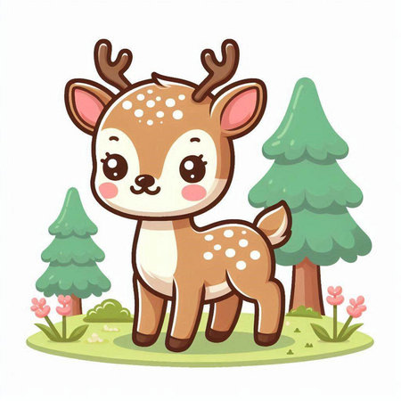 Cute deer in the forest. Vector illustration of cartoon character.のイラスト素材