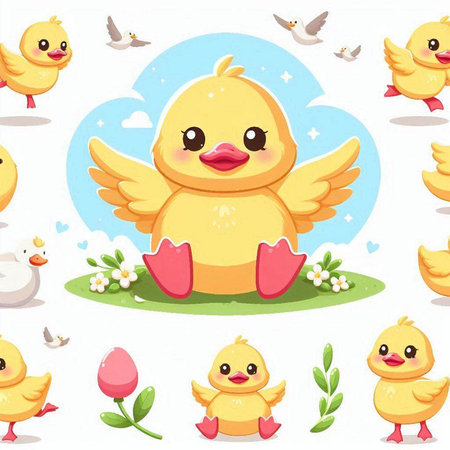 cartoon easter background with chicken and spring flowers illustration for childrenのイラスト素材