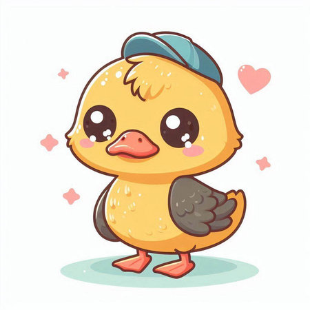 Cute cartoon duckling in a cap on a white background.のイラスト素材