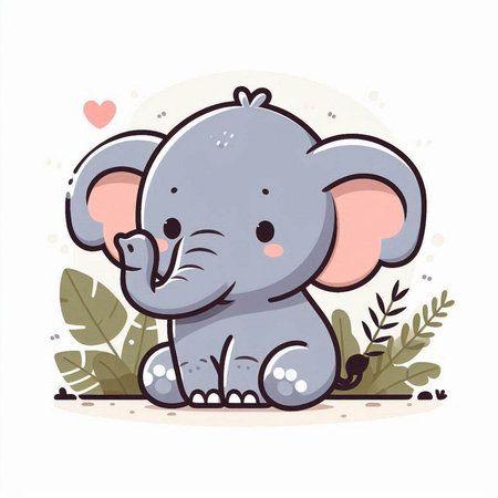 Cute cartoon elephant sitting on the ground with leaves. Vector illustration.のイラスト素材