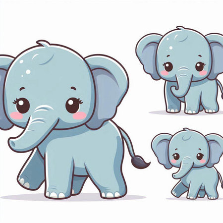 Cute baby elephant cartoon with different poses and emotions. Vector illustration.のイラスト素材