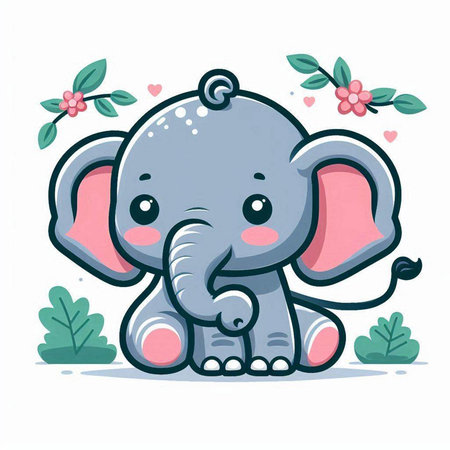 Cute cartoon elephant with flowers. Vector illustration isolated on white background.のイラスト素材
