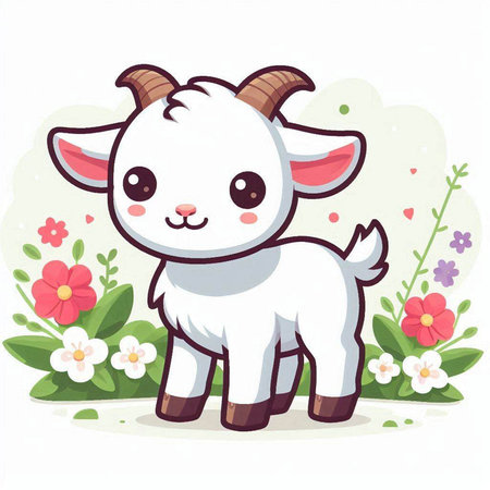 Cute goat standing in the flower garden. Cartoon vector illustration.のイラスト素材