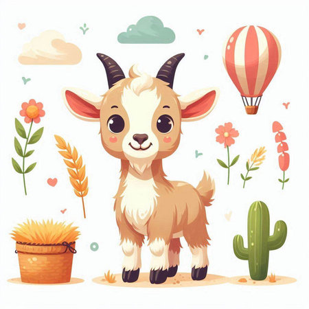 Cute cartoon baby goat with flowers and hot air balloon. Vector illustrationのイラスト素材