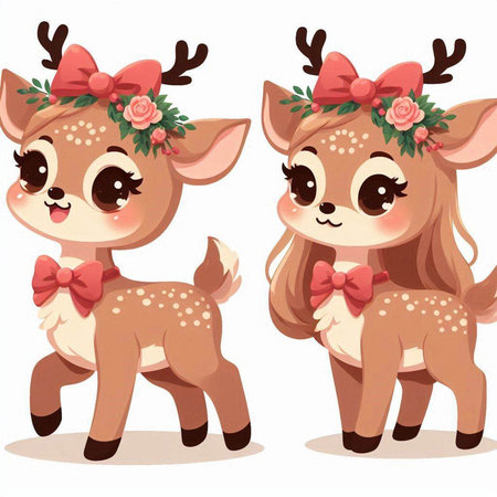 Cute cartoon deer with red bow and wreath. Vector illustration.のイラスト素材