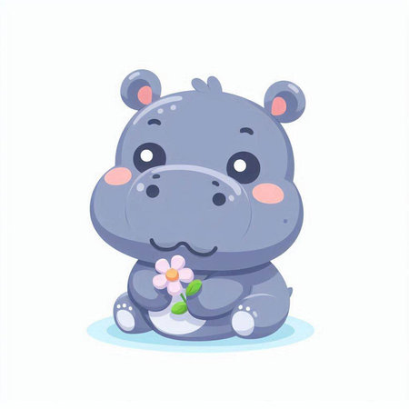 Cute cartoon hippopotamus with a flower. Vector illustration.のイラスト素材