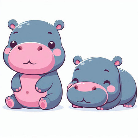 Cute hippo and hippo isolated on white background. Vector illustration.のイラスト素材