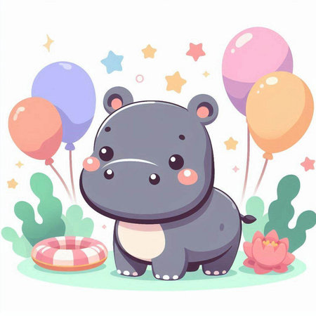 Cute hippo with inflatable ring and balloons. Vector illustration.のイラスト素材