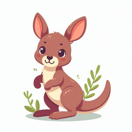 Cute kangaroo with green leaves. Vector cartoon illustration.のイラスト素材