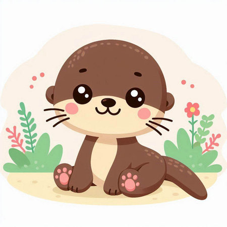 Cute otter sitting on the sand with flowers. Vector illustrationのイラスト素材