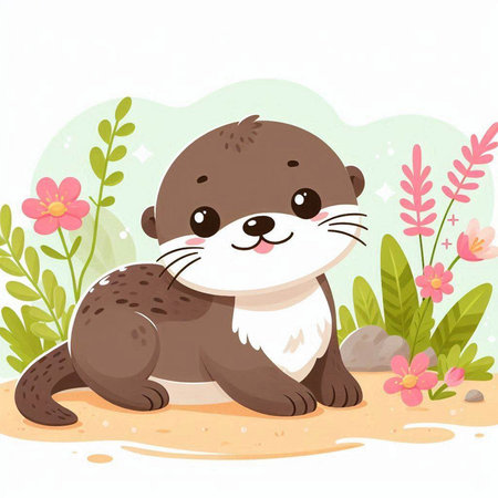 Cute otter sitting on the sand with flowers. Vector illustration.のイラスト素材