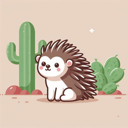 Cute hedgehog sitting on the ground with cactus. Vector illustration.のイラスト素材