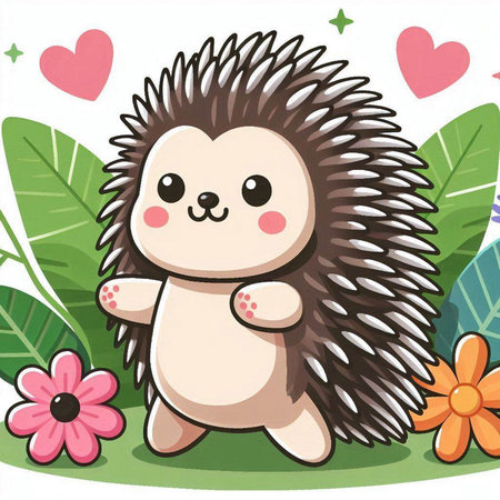 Cute hedgehog with flowers on white background. Vector illustration.のイラスト素材