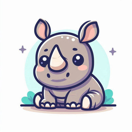 Cute cartoon rhinoceros sitting on the grass. Vector illustrationのイラスト素材