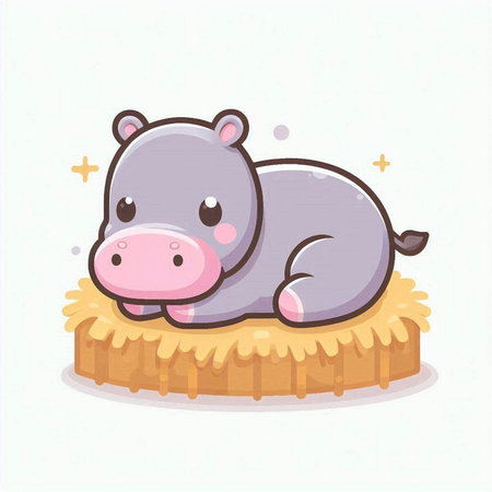 Cute hippopotamus lying on the hay. Vector illustration.のイラスト素材