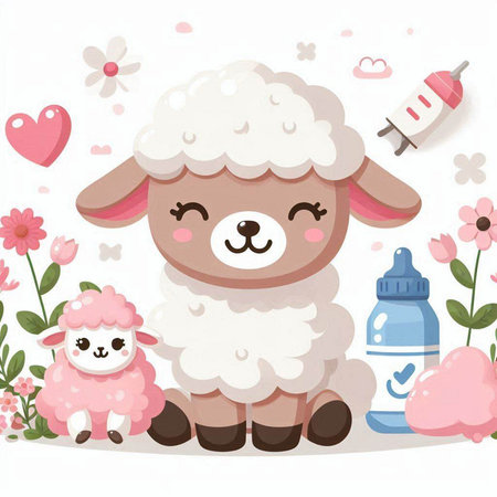 Illustration of Cute Sheep with Milk Bottle and Flowers - Vectorのイラスト素材