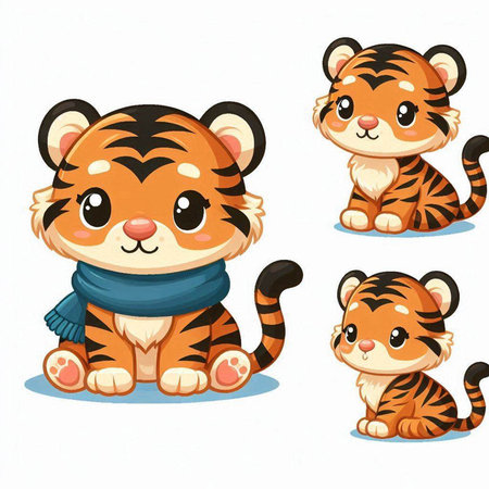 Set of cute tiger cartoon character on white background. Vector illustration.のイラスト素材