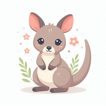 Cute kangaroo cartoon character with flowers. Vector illustration.のイラスト素材