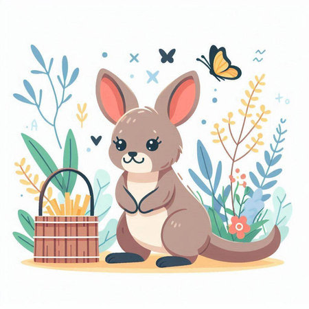 Cute kangaroo with a basket of flowers. Vector illustration.のイラスト素材