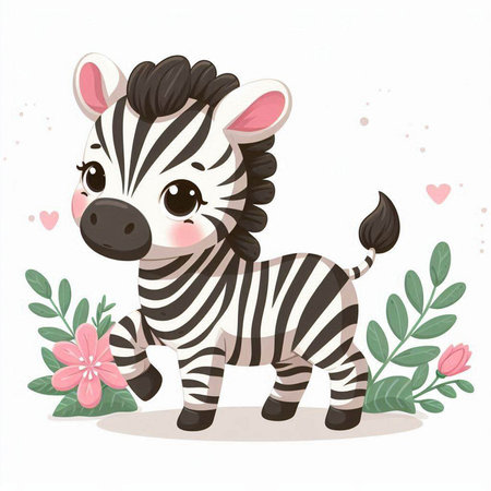 Cute cartoon zebra with flowers and hearts. Vector illustration.のイラスト素材
