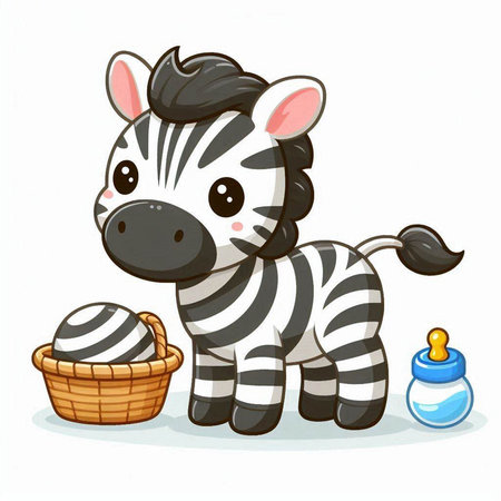 Cute cartoon zebra with a bottle of milk and a basketのイラスト素材