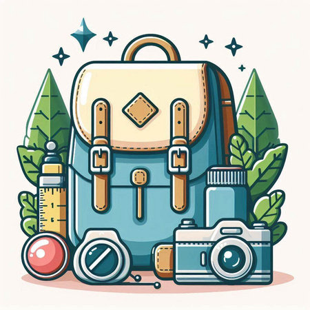 Travel and adventure concept with backpack, camera, camera and leafs. Vector illustration.のイラスト素材