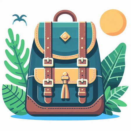 Backpack on the background of tropical plants. Vector illustration in flat style.のイラスト素材