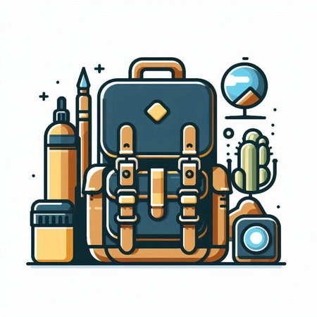 Vector illustration of a backpack with various travel items on a white background.のイラスト素材