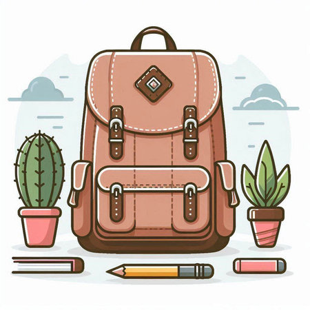 Backpack with pencils and cacti. Vector illustration.のイラスト素材