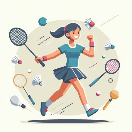 Girl playing badminton. Vector illustration in flat cartoon style.のイラスト素材