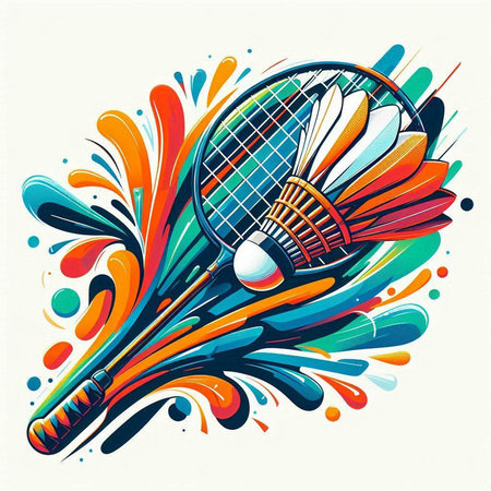 illustration of badminton racket and shuttlecock on colorful backgroundのイラスト素材