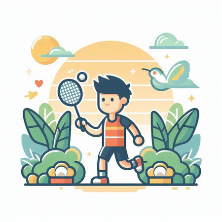 Boy playing badminton. Colorful flat vector concept illustration.のイラスト素材
