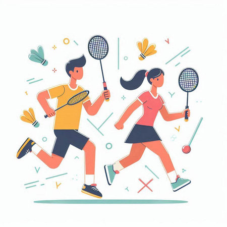 Badminton players with racket and shuttlecock. Flat vector illustration.のイラスト素材