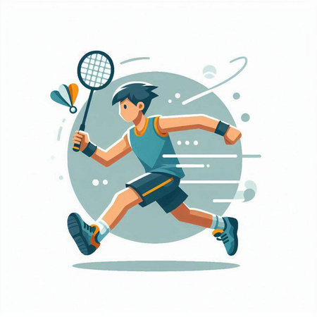 Vector illustration of a badminton player running with racket and ballのイラスト素材