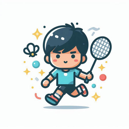 Boy playing badminton. Cute cartoon character. Vector illustration.のイラスト素材