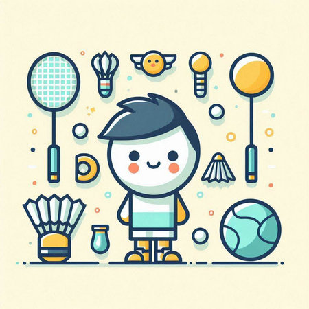 Cute cartoon boy playing badminton. Vector illustration for your designのイラスト素材