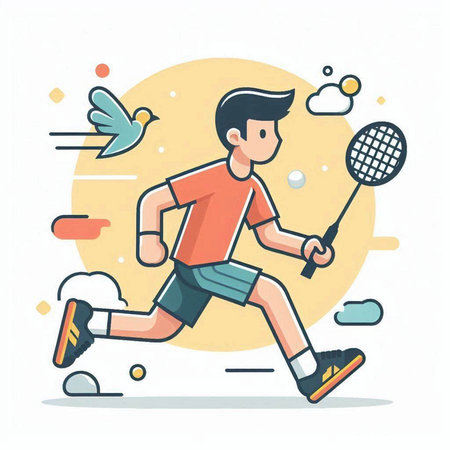 Badminton player running with racket and shuttlecock. Flat style vector illustration.のイラスト素材