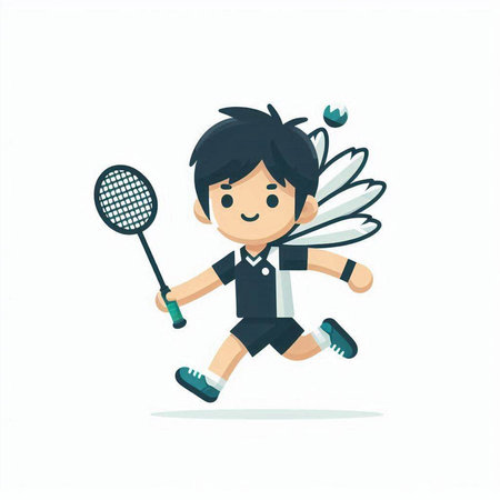 Cute cartoon badminton player with racket. Vector illustration.のイラスト素材