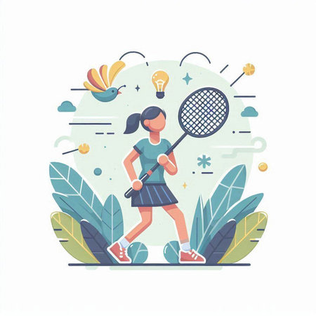 Woman playing badminton flat vector illustration. Sport and healthy lifestyle concept.のイラスト素材