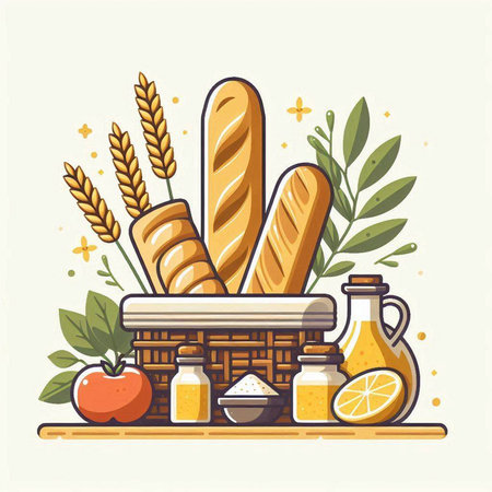 Basket with bread and other products. Vector illustration in flat styleのイラスト素材