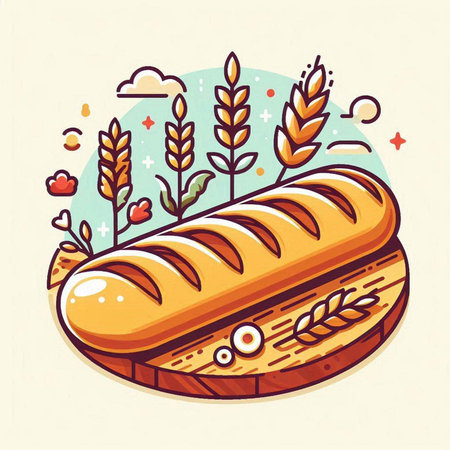 Vector illustration of bread and wheat on a light background. Hand drawn style.のイラスト素材