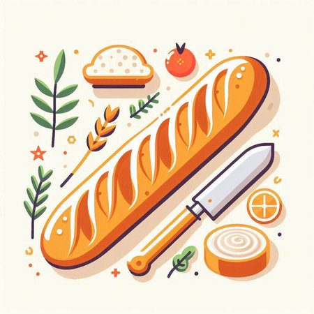 Baguette and bread. Vector illustration in flat cartoon style.のイラスト素材