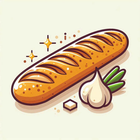 Baguette with garlic and onion. Vector illustration in flat styleのイラスト素材